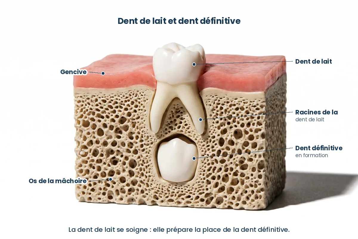 Schéma d’une dent de lait et de la dent définitive