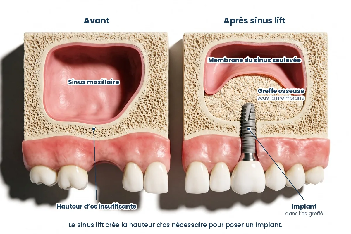 Schéma d’un sinus lift : os de greffe sous la membrane du sinus et implant